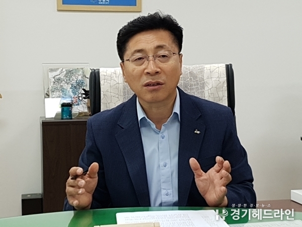 수원시 원영덕 경제정책국장을 인터뷰하고 있다.