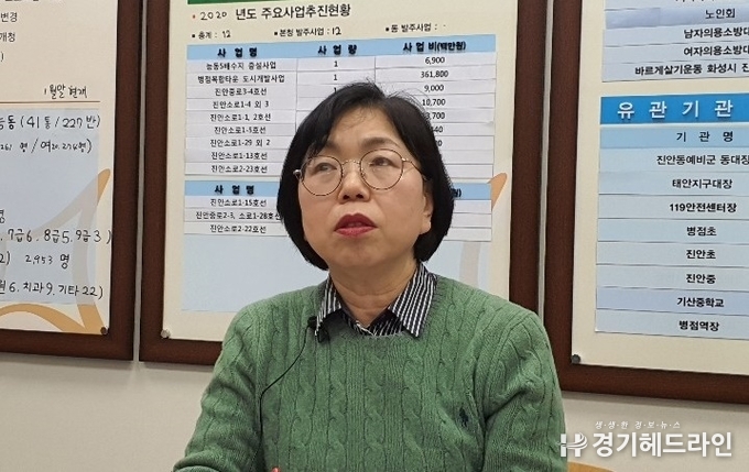 양혜란 화성시 진안동장과 25일 본지와 인터뷰를 진행하고 있다.(사진=문수철 기자)