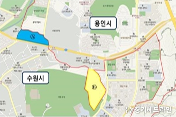 용인시 행정경계조정 도 수원시 ⟶ 용인시 (A), 용인시 ⟶ 수원시 (B)