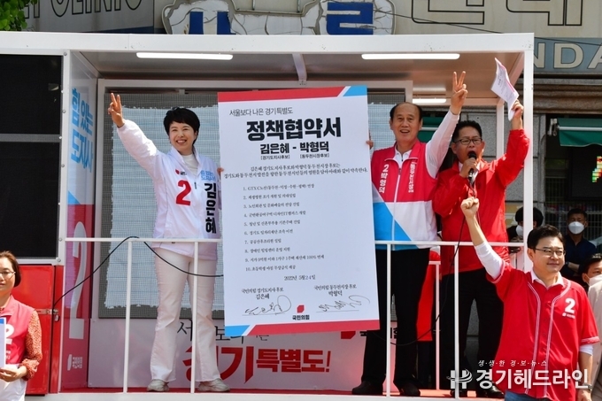24일 동두천 큰 시장에서 동두천-경기도 간 ‘동두천발전방안 정책협약식’을 갖고 합동유세에 나섰다.