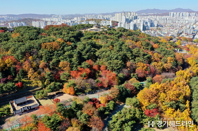 가을철 오색 단풍으로 물든 팔달산.
