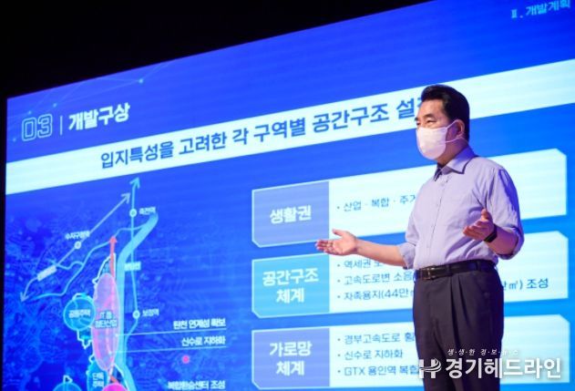 백군기 용인시장이 16일 용인시청 에이스홀에서 열린 언론브리핑에서 경기용인 플랫폼시티의 추진과정과 개발계획 등에 대해 설명하고 있다.