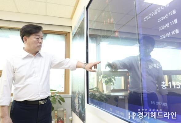 박승원 광명시장이 지난 24일 시장실에 설치된 디아이디(DID, Digital Information Display) 모니터로 스마트 정책플랫폼을 직접 시연하고 있다.