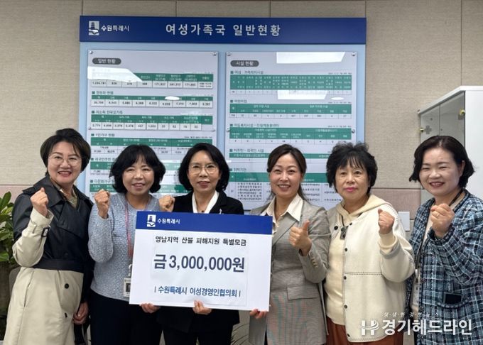 성금 전달 후 기념촬영을 하고 있다.