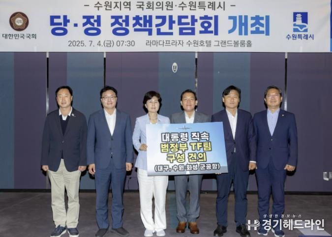 이재준 수원특례시장(오른쪽 3번째), 백혜련(왼쪽 3번째)·김영진(오른쪽 2번째)·김승원(오른쪽 1번째)·염태영(왼쪽 2번째)·김준혁(왼쪽 1번째) 의원이 ‘대통령 직속 범정부 군공항 이전 TF팀’ 구성을 건의하는 내용이 담긴 팻말을 들고 기념촬영을 하고 있다.