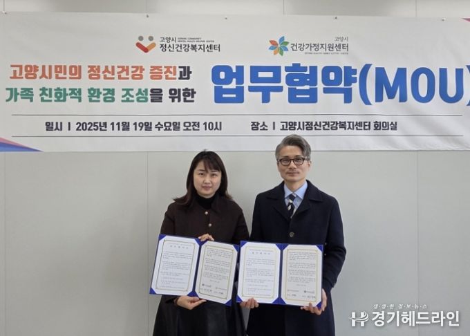 고양시정신건강복지센터-고양시건강가정지원센터 업무협약 체결 기념촬영(고양시정신건강복지센터 이정석 센터장(오른쪽), 고양시건강가정지원센터 성진경 센터장(왼쪽))