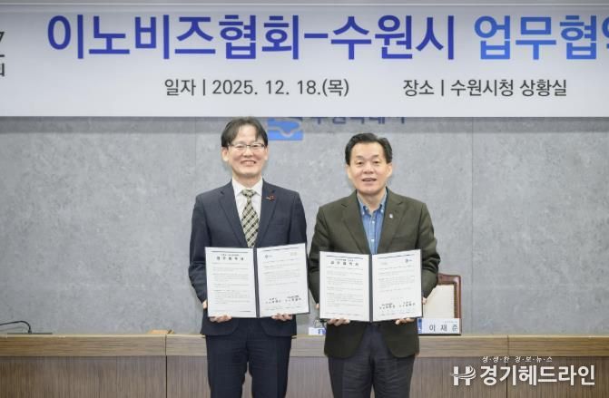 이재준 수원시장(오른쪽)과 이노비즈협회 정광천 회장이 협약 후 기념촬영을 하고 있다.