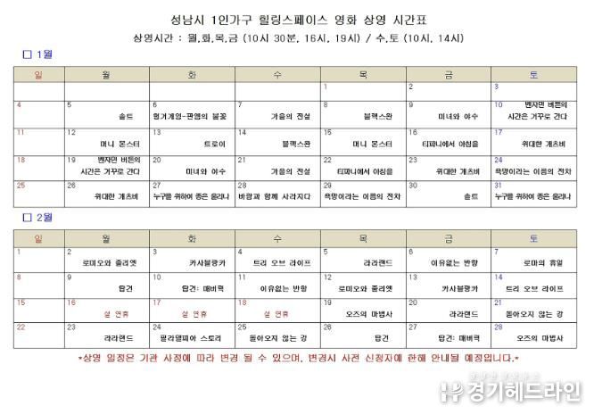 성남시, 1인 가구 위한 ‘추억의 할리우드 영화’ 120회 무료 상영