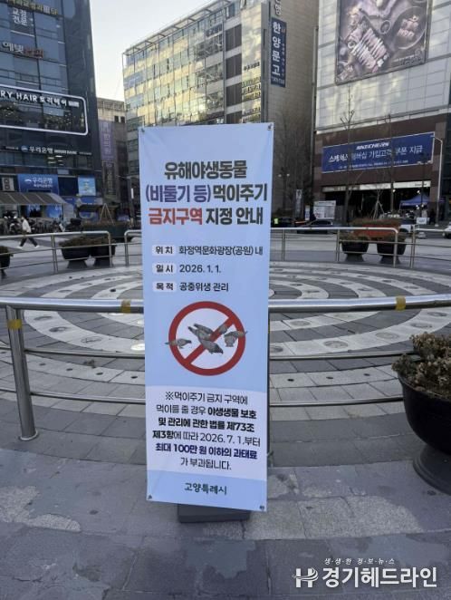 화정역 광장에 설치된 ‘유해야생동물 먹이주기 금지구역 지정 안내' 배너