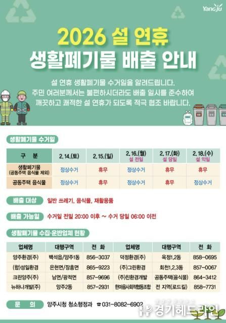 양주시, 설 연휴 대비 생활폐기물 관리 강화…14·16일 정상 수거