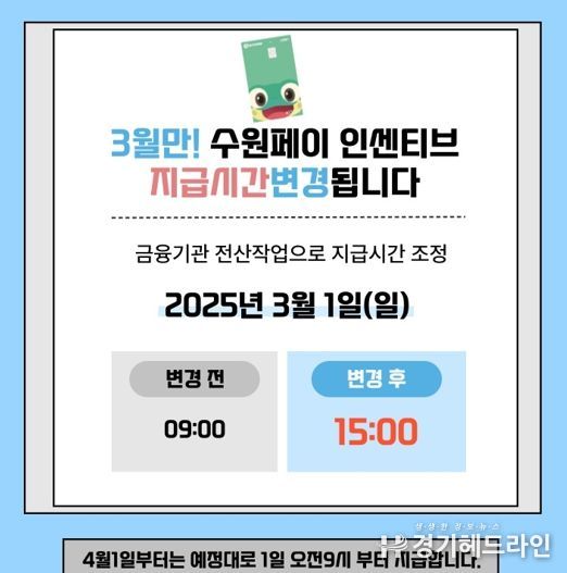 3월 수원페이 인센티브 지급 시간 변경 홍보물