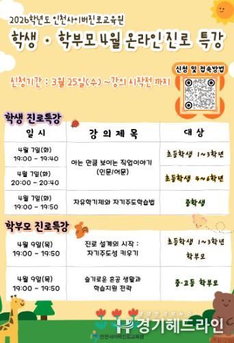 인천시교육청, 학생·학부모 대상 4월 온라인 진로 특강 운영
