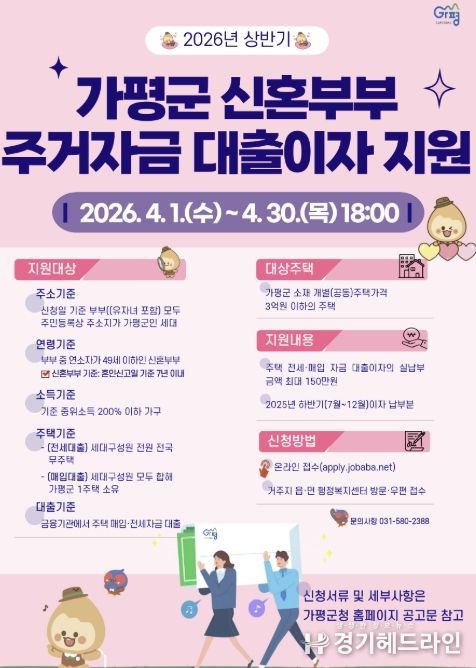 가평군, 상반기 신혼부부 주거자금 대출이자 지원