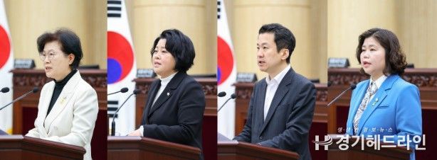 안산시의회가 8일 본회의장에서 제302회 임시회 제2차 본회의를 열고 시정질문과 5분 자유발언을 진행했다. 사진 왼쪽부터 이날 시정질문에 임한 박은경 의원과 5분 자유발언에 나선 김진숙 송바우나 박은정 의원의 모습.