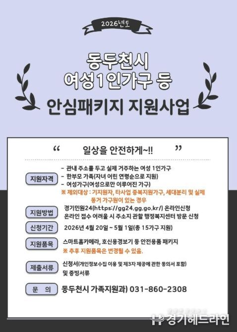 동두천시, 여성 1인 가구 ‘여성안심패키지 지원사업’ 신청자 모집