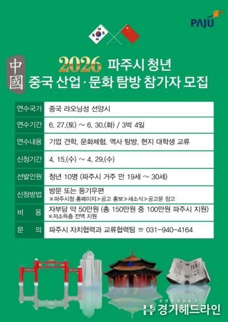 파주시, 청년 대상 ‘중국 산업·문화 탐방’ 참가자 모집